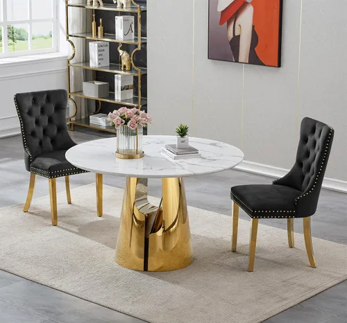 Vista 15 de SSLine Mesa de comedor redonda de mármol sintético blanco para 4-6, mesa de Mesa de oro blanco