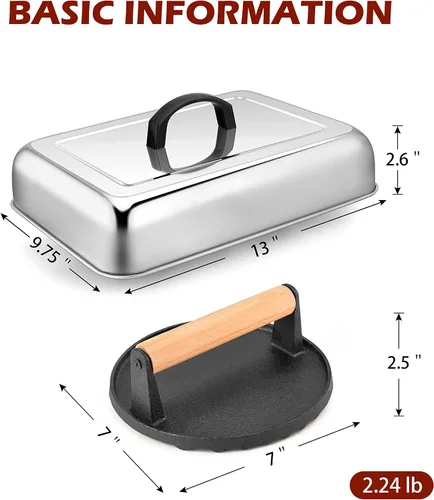 Vista 2 de HaSteeL Cúpula de fusión de 13 x 9.75 pulgadas y prensa de hamburguesa de 7 pulgadas, cubierta de vapor rectangular con prensa de tocino, accesorios