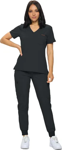 Vista 3 de MONARCH UNIFORMS Conjunto de ropa quirúrgica elástica para mujer en pantalones regulares y pequeños con parte superior para mujer