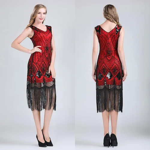 Vista 7 de PLULON 1920s Sequin Beaded Fringed Flapper Dress with 20s Accessories Set
