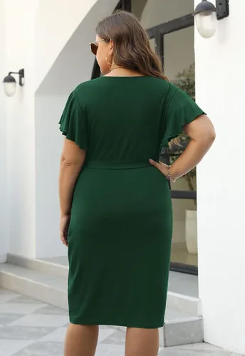 Vista 6 de Nemidor NEM389 - Vestido cruzado de imitación fruncido con mangas con volantes, vestido de trabajo para fiesta, talla extragrande