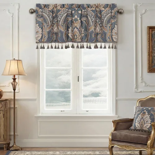 Vista 19 de Loom and Mill Cenefas de jacquard de lujo para ventana de sala de estar, elegante cenefa de cortina de damasco beige con ribete de cuentas, cortina