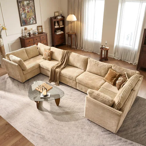 Vista 19 de Ovios - Sofá modular con diván en forma de U y otomanas, cómodo y mullido, tapizado en pana estilo nube, moderno, asiento profundo, juego de sofás