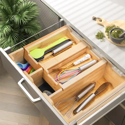 Vista 6 de Organizador de Cajones de Cocina de Bambú Okllen, Organizador de Utensilios Apilable de 2 Niveles, Organizador de Cubiertos para Almacenamiento