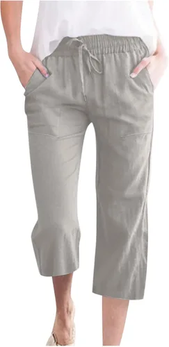 Vista 13 de Ceboyel Pantalones capri para mujer para verano, cintura elástica, pantalones de yoga, con cordón, pantalones de lino, pantalones de entrenamiento