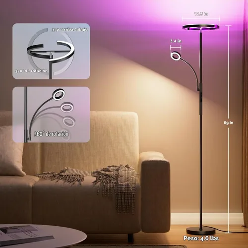 Vista 2 de SIBRILLE Lámpara de pie RGBCW mejorada de 36 W con anillo de lectura, lámpara de pie LED giratoria con control remoto, luz de pie regulable, luz