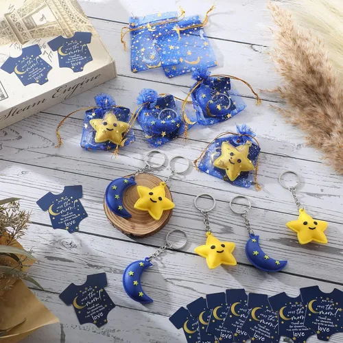 Vista 4 de Huquary 150 piezas de regalos de fiesta de baby shower, luna estrella, llaveros Twinkle Twinkle Little Star Baby Shower Favor, tarjetas