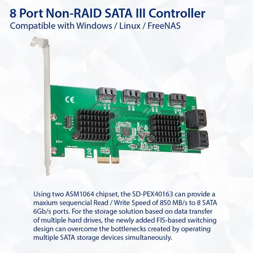 Vista 2 de Syba 8 puertos SATA III a PCIe 3.0 x1 tarjeta de expansión no RAID doble ASM1064 soporte de perfil bajo, SD-PEX40163