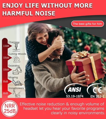Vista 4 de PROHEAR Auriculares de protección auditiva Bluetooth 5.0 037 con batería recargable de 1100 mAh, 25 dB NRR de reducción de ruido con tiempo de negro