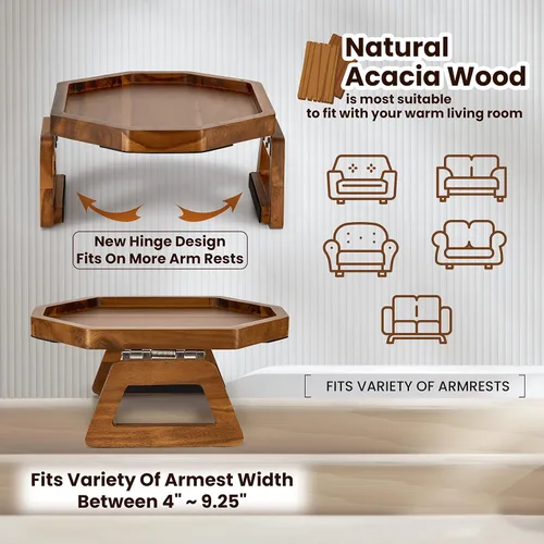 Vista 3 de Tinamo Bandeja para apoyabrazos de sofá octagonal de acacia, mesa de reposabrazos de sofá con brazos plegables - Caddy para sillón, bandeja con clip