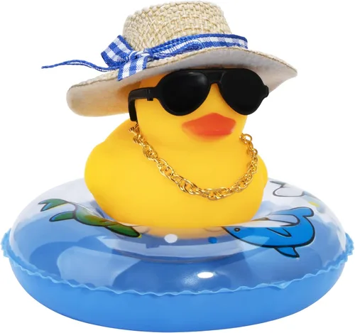 Vista 32 de wonuu Pato de goma para automóvil, decoración de pato amarillo con sombrero para el sol, anillo de natación, collar, gafas de sol para decoración
