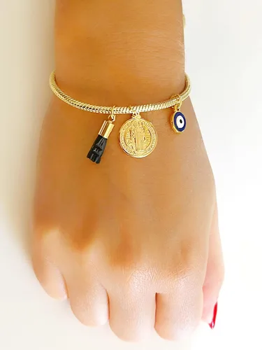 Vista 7 de LESLIE BOULES Pulsera de San Benito para mujer con dije de mal de ojo y piedra de azabache auténtica, Latón