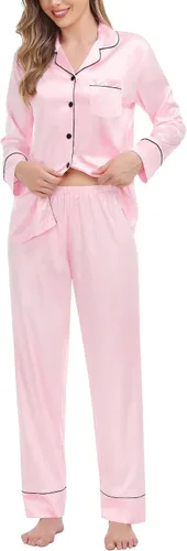 Vista 2 de SWOMOG Pijama de satén para mujer, de manga larga, de seda, suave, con botones, tallas S-XXL