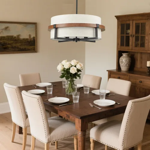 Vista 9 de Candelabro de tambor rústico de 4 luces para comedor con pantalla de tela blanca rota
