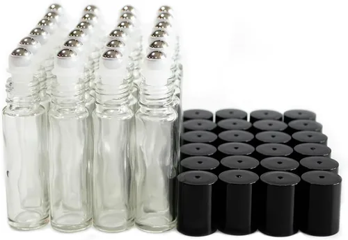 Vista 6 de Botellas de vidrio transparente de 0.3 fl oz con bolas de rodillo de acero inoxidable y tapas negras, paquete de 24 (transparente)