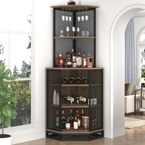 Vista 9 de IBF Armario esquinero de 71 pulgadas de alto para vino con soporte para vidrio, almacenamiento de licor industrial de 5 niveles con estante