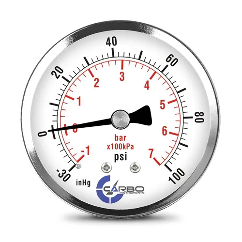 Vista 10 de Medidor de presión de 2-1/2 pulgadas, carcasa de acero cromado, seco, vacío -30 Hg/0, montaje trasero 1/4 pulg. NPT
