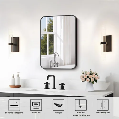 Vista 6 de FORBATH - Espejo de baño negro para sobre lavabo, espejo de pared de 16x24 pulgadas con marco de metal, esquinas redondeadas para baño, dormitorio
