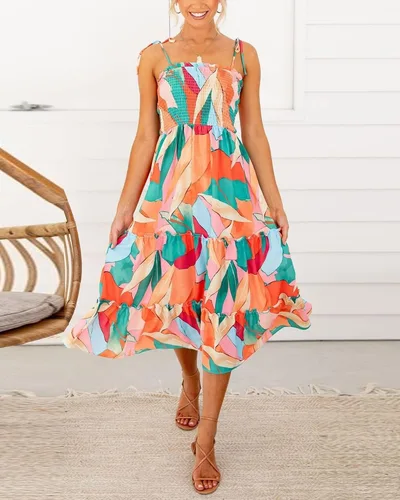 Vista 8 de Fashionme Vestido midi floral bohemio de verano para mujer, elástico fruncido, busto fruncido, lazo en el hombro, correa esférica, escalonada