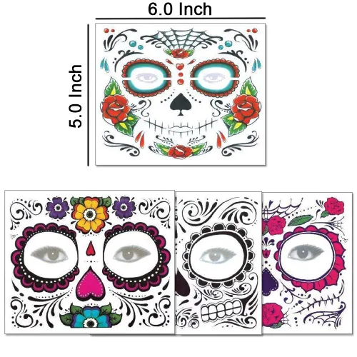 Vista 4 de Calcomanías de tatuaje facial de Halloween, tatuajes del Día de los Muertos, calcomanías de transferencia de agua con tela floral roja rosa negra