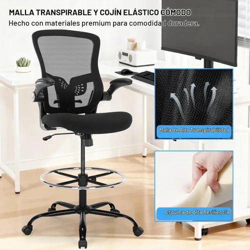 Vista 8 de Silla de dibujo, silla de oficina alta ergonómica con soporte lumbar, taburete de escritorio de pie con reposabrazos abatibles, cómoda silla