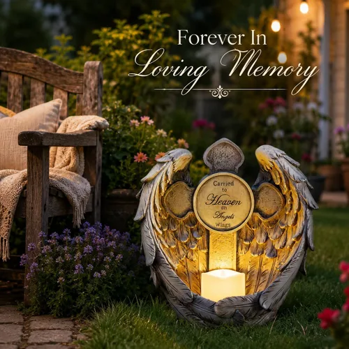 Vista 8 de Estatua conmemorativa de alas de ángel solar con vela LED y cruz, decoración de tumbas de resina resistente a la intemperie para cementerio, regalos