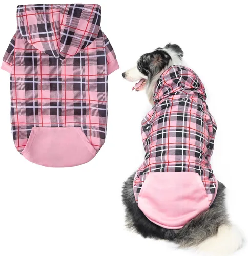 Vista 24 de EXPAWLORER Sudadera con capucha para perro a cuadros, estilo británico, suéter cálido para perro con agujero para correa, ropa de pitbull, ropa