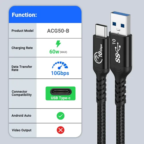 Vista 5 de Android Auto & CarPlay - Cable USB C de 10 Gbps 60 W PD de 1.5 pies (paquete de 2, negro), USB 3.1 Gen 2 a USB-A, cable de carga rápida compatible