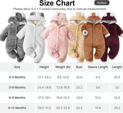 Vista 7 de Mameluco unisex de forro polar para bebé con capucha y pies para invierno para exteriores 0-18 meses