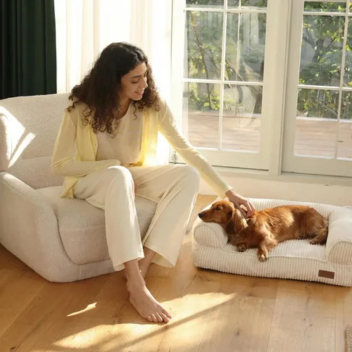 Vista 7 de FUKUMARU Sofá cama para perros, acogedora cama de pana para gatos de interior con funda lavable, cama ortopédica impermeable de 28 pulgadas