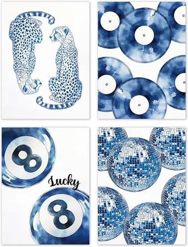 Vista 16 de TLESKE Pósteres Azules Preppy de Guepardo Lucky 8 Balls Impresiones Sin Marco de 8x10 Juego de 4, Impresiones Artísticas de Pared de Bolas de azul