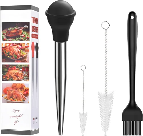 Vista 8 de Baster Baster Long ARRITZ - Baster de acero inoxidable para cocinar con cepillo de limpieza, 2 puntas más grandes, color negro
