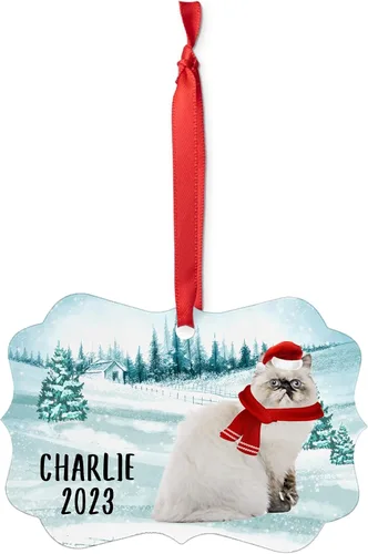 Vista 2 de Sombrero y bufanda de Papá Noel de bienvenida, punto negro, gato del Himalaya, adornos de Navidad personalizados 2024 Benelux Aluminio Gatito Dueño