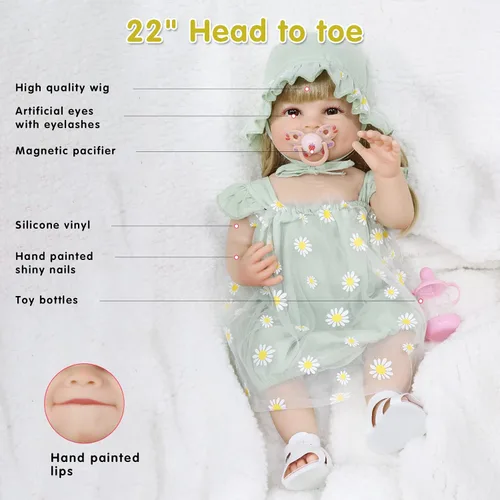 Vista 3 de Muñecas realistas de bebé Reborn Girl de 22 pulgadas, muñeca de bebé recién nacida de cuerpo completo de silicona realista, con accesorios, juguete