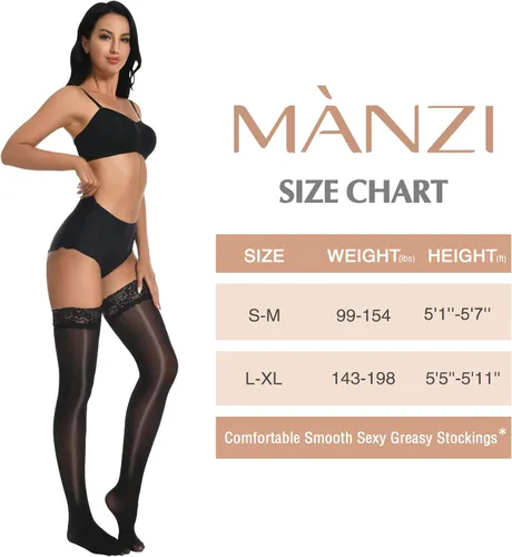 Vista 4 de MANZI Medias altas hasta el muslo brillantes con encaje sexy que se mantienen en pie, medias transparentes y sedosas para mujer, paquete de 2 pares