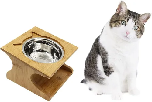 Vista 6 de Tazones para gatos y mascotas, mesa de comedor con pendiente elevada, soporte de madera elevado para mascotas con soporte oblicuo para una Acero
