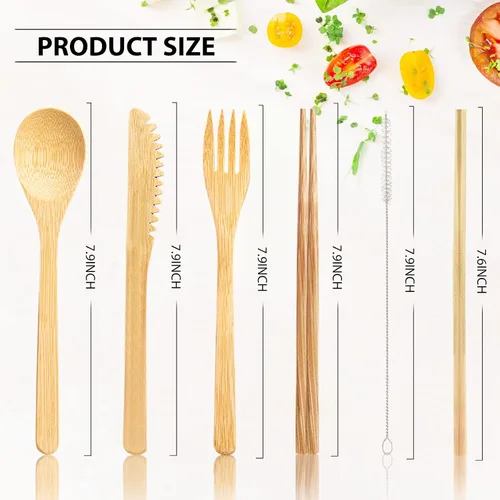 Vista 2 de Juego de 4 cubiertos de bambú para viaje, utensilios de bambú reutilizables, tenedor, cuchillo, cuchara, palillos, cepillo de limpieza para comer