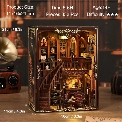 Vista 4 de Kit de rincón de libros en miniatura, rompecabezas de madera 3D, decoración de estantería de biblioteca con luces LED, modelo de casa pequeña