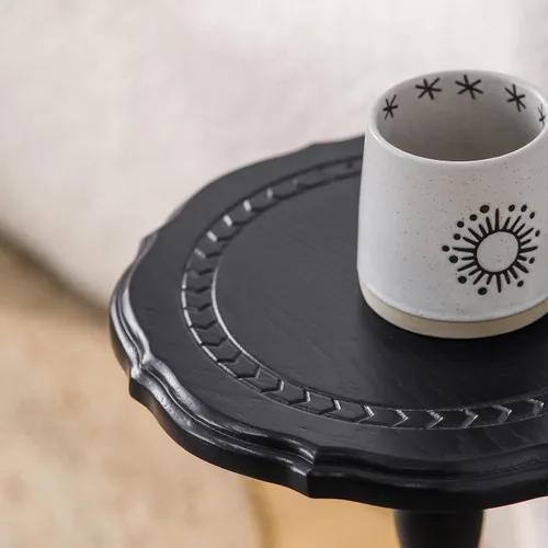 Vista 8 de Mesa de bebidas, mesa auxiliar pequeña para espacios pequeños, mesita de noche redonda de madera maciza moderna para sala de estar, dormitorio, Negro