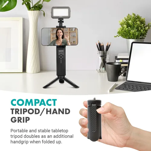Vista 7 de Movo iVlog8 - Kit de vlogging para iPhone/Smartphone con sistema inalámbrico VHF integrado, luz de video LED, soporte de trípode, equipo de vlog