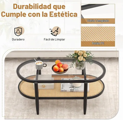 Vista 6 de GIANTEX - Mesa auxiliar de ratán, mesa central ovalada de madera de 40 pulgadas, color negro