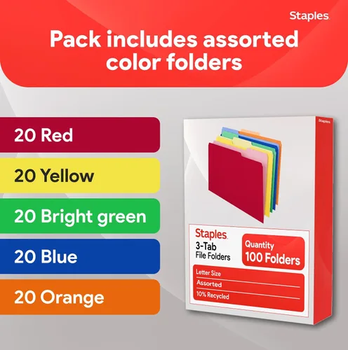 Vista 8 de Staples Carpetas de archivos de colores, tamaño carta, diseño de pestaña superior de 3 pestañas, papel duradero de 10.5 puntos, paquete de 100