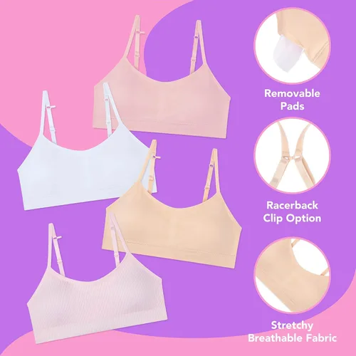 Vista 2 de Paquete de 4 brasieres de entrenamiento acolchados para niñas, con relleno extraíble