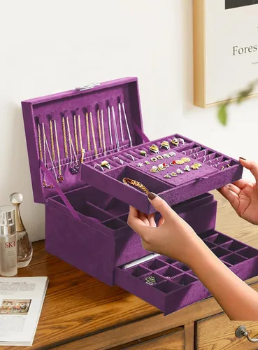Vista 5 de Cajas de Joyería para Mujeres Morado Organizador de Joyas de Terciopelo con Cerradura, Organizadores de Joyas para Adolescentes y Caja Organizadora
