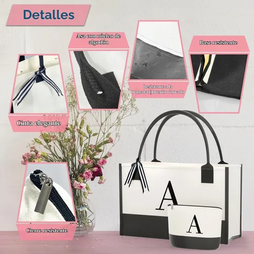 Vista 4 de Monogrammed Canvas Tote Bag with Zipper Pockets - Ideal Gift for Mom, Teacher, Sister