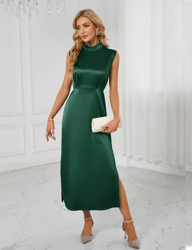 Vista 6 de CYCLAMEN Vestido largo de satén formal de verano para mujer, con cuello alto falso, sin mangas, aberturas laterales, maxi elegante vestido de cóctel