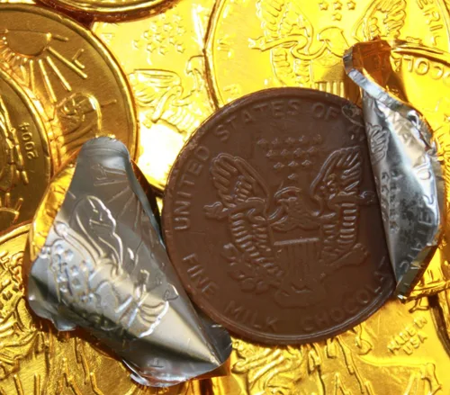 Vista 2 de Monedas grandes de papel de aluminio de chocolate con leche dorada - 1 libra