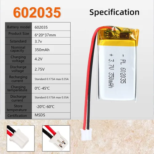 Vista 4 de YDL 3.7V 350mAh 602035 Batería Lipo Recargable de Polímero de Iones de Litio con Conector PH2.0mm JST