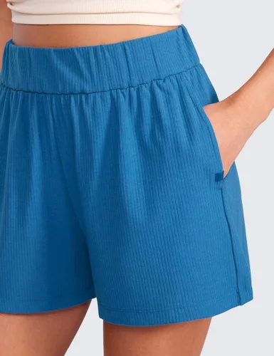 Vista 4 de CRZ YOGA Cómodos pantalones cortos acanalados para mujer, de cintura alta, lyocell para uso casual, para descansar, atlético, con bolsillos