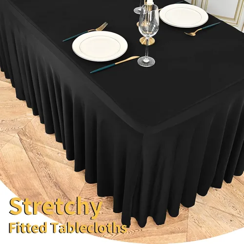 Vista 4 de 2 Packs Black Spandex Table Clothes for 6 Foot Rectangle Tables, Wrinkle Resistant Fitted Tables Cover, Washable Stretch Table Skirts for Weddings